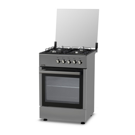 CUISINIERE 57X57 SILVER 4 FEUX GAZ FOUR GAZ   GRILL 1 PLATEAU   1 LECHEFRITE
